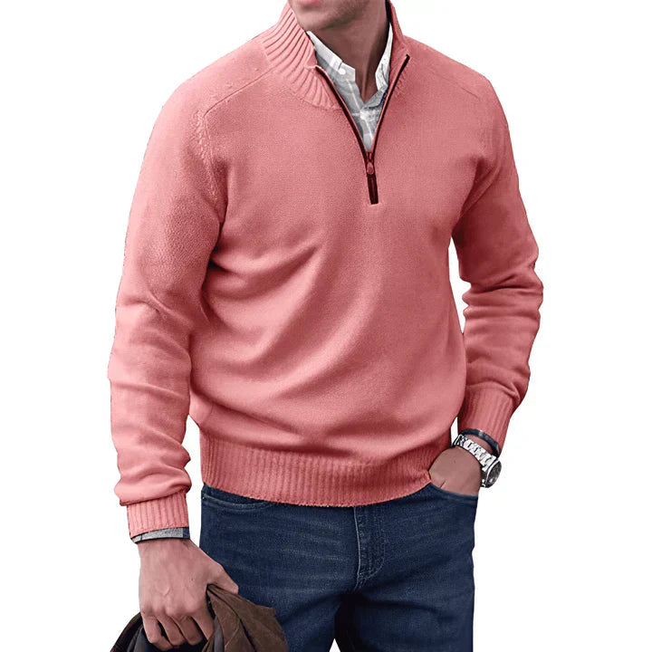 Quarter Zip Jumper - Long Sleeve - Knitted - Cashmere Sweater - Men's Half Zip Sweater-Sweaters-Chaps of London-Pink-S-Chaps of London