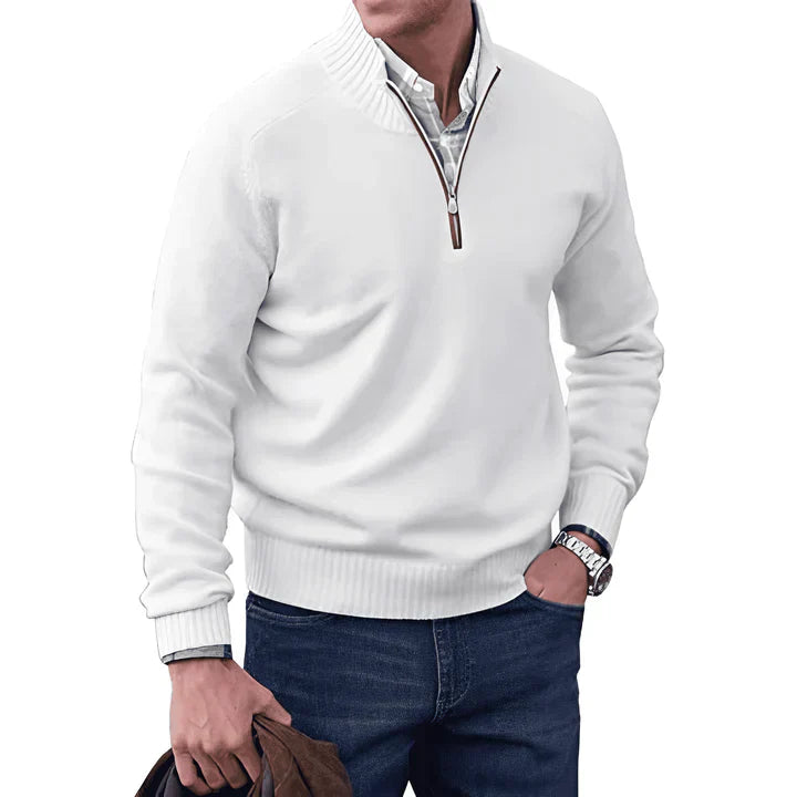 Quarter Zip Jumper - Long Sleeve - Knitted - Cashmere Sweater - Men's Half Zip Sweater-Sweaters-Chaps of London-White-S-Chaps of London