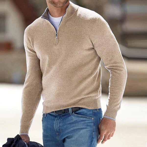 Quarter Zip Jumper - Men's Long Sleeve Knitted Half Zip Sweater -Sweater-Chaps of London-Beige-S-Chaps of London