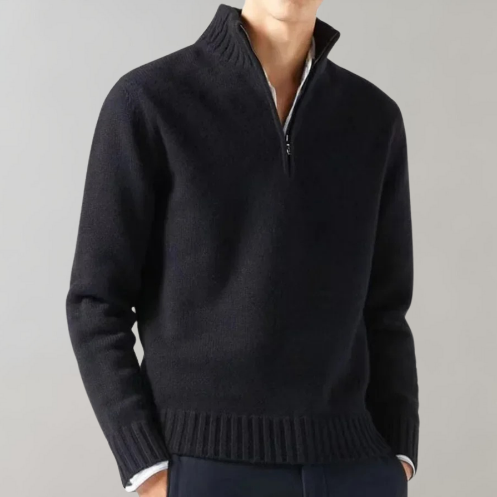 Quarter Zip Jumper - Men's Regular Fit Half Zip Knitted Sweater -Chaps of London-Black-M-Chaps of London
