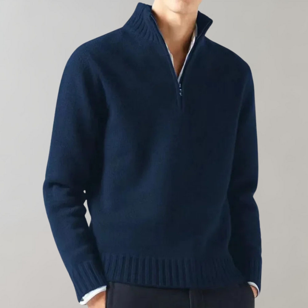 Quarter Zip Jumper - Men's Regular Fit Half Zip Knitted Sweater -Chaps of London-Navy Blue-M-Chaps of London