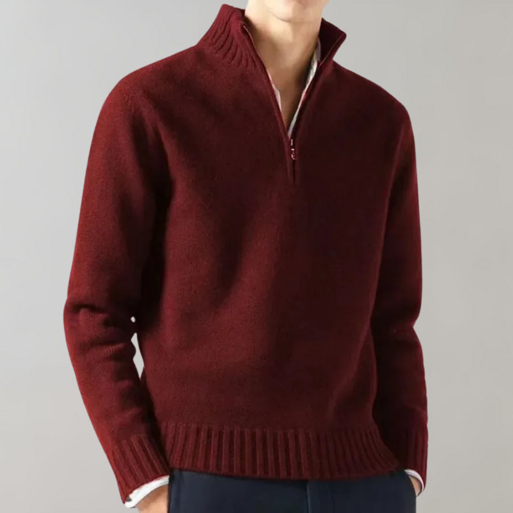 Quarter Zip Jumper - Men's Regular Fit Half Zip Knitted Sweater -Chaps of London-Red-M-Chaps of London