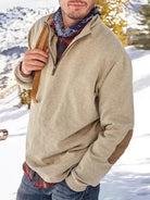Quarter Zip Sweater | Casual | Elbow Patches | Half Zip Sweatshirt | Men's Clothing-Long Sleeves-Chaps of London-Khaki-M-Chaps of London