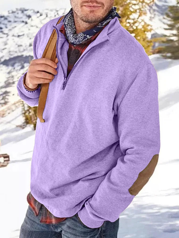 Quarter Zip Sweater | Casual | Elbow Patches | Half Zip Sweatshirt | Men's Clothing-Long Sleeves-Chaps of London-Purple-M-Chaps of London