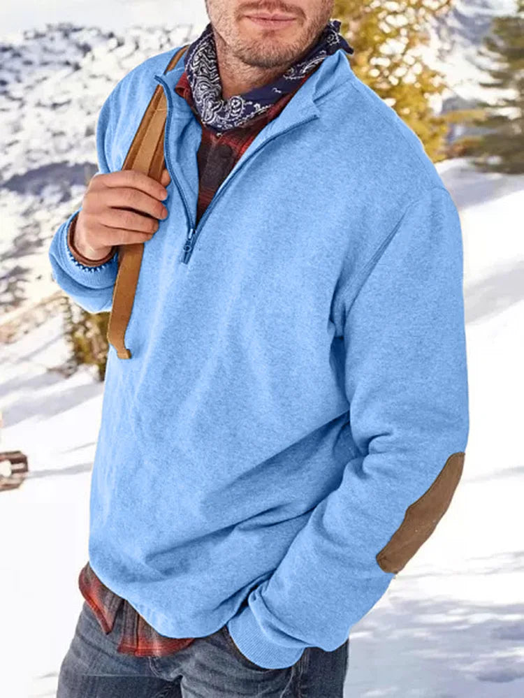 Quarter Zip Sweater | Casual | Elbow Patches | Half Zip Sweatshirt | Men's Clothing-Long Sleeves-Chaps of London-Sky Blue-M-Chaps of London