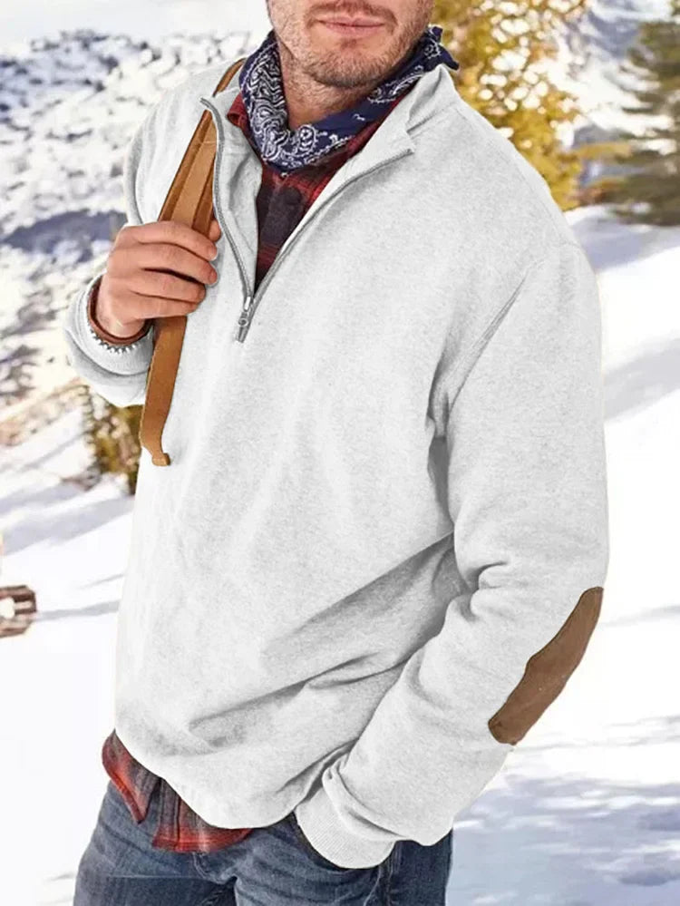 Quarter Zip Sweater | Casual | Elbow Patches | Half Zip Sweatshirt | Men's Clothing-Long Sleeves-Chaps of London-White-M-Chaps of London