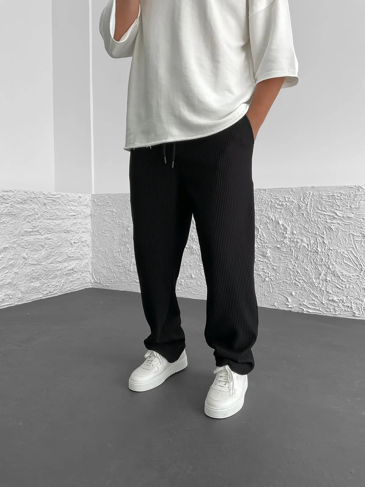 Ribbed Pants - Men's Loose Fit Drawstirng Stretch Baggy Pants-Chaps of London-Black-S-Chaps of London