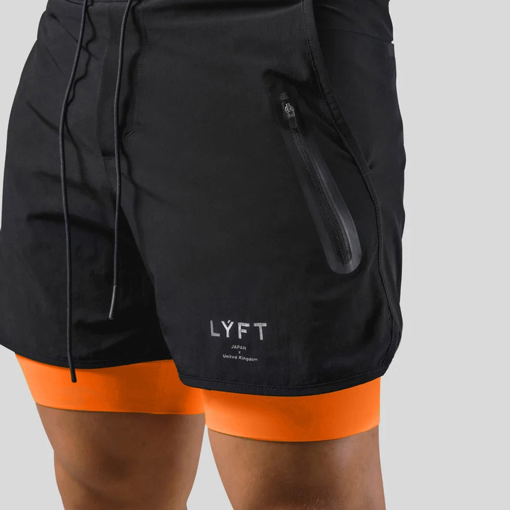 Running Shorts - Men's 2-in-1 Sport Gym Shorts with Pockets-Chaps of London-Black-Orange with logo-M-Chaps of London