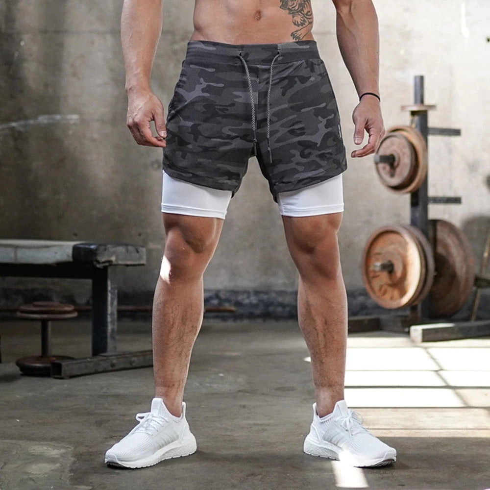 Running Shorts - Quick Dry - Drawstring - 2-in-1 Shorts - Men's Gym Shorts-Fashion Men Shorts Summer-Chaps of London-Gray Camouflage-M-Chaps of London