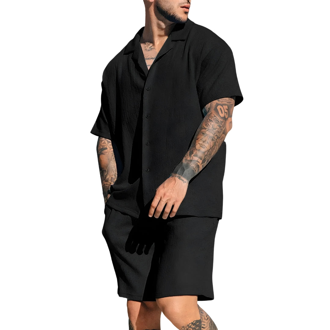 Shirt & Shorts Set - Linen - Short Sleeve - Two-Piece Set - Men's Summer Sets-Chaps of London-Black-S-Chaps of London