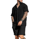 Shirt & Shorts Set - Linen - Short Sleeve - Two-Piece Set - Men's Summer Sets-Chaps of London-Black-S-Chaps of London