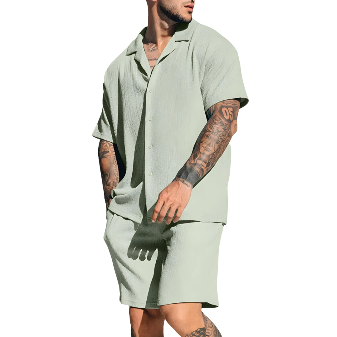 Shirt & Shorts Set - Linen - Short Sleeve - Two-Piece Set - Men's Summer Sets-Chaps of London-Green-S-Chaps of London