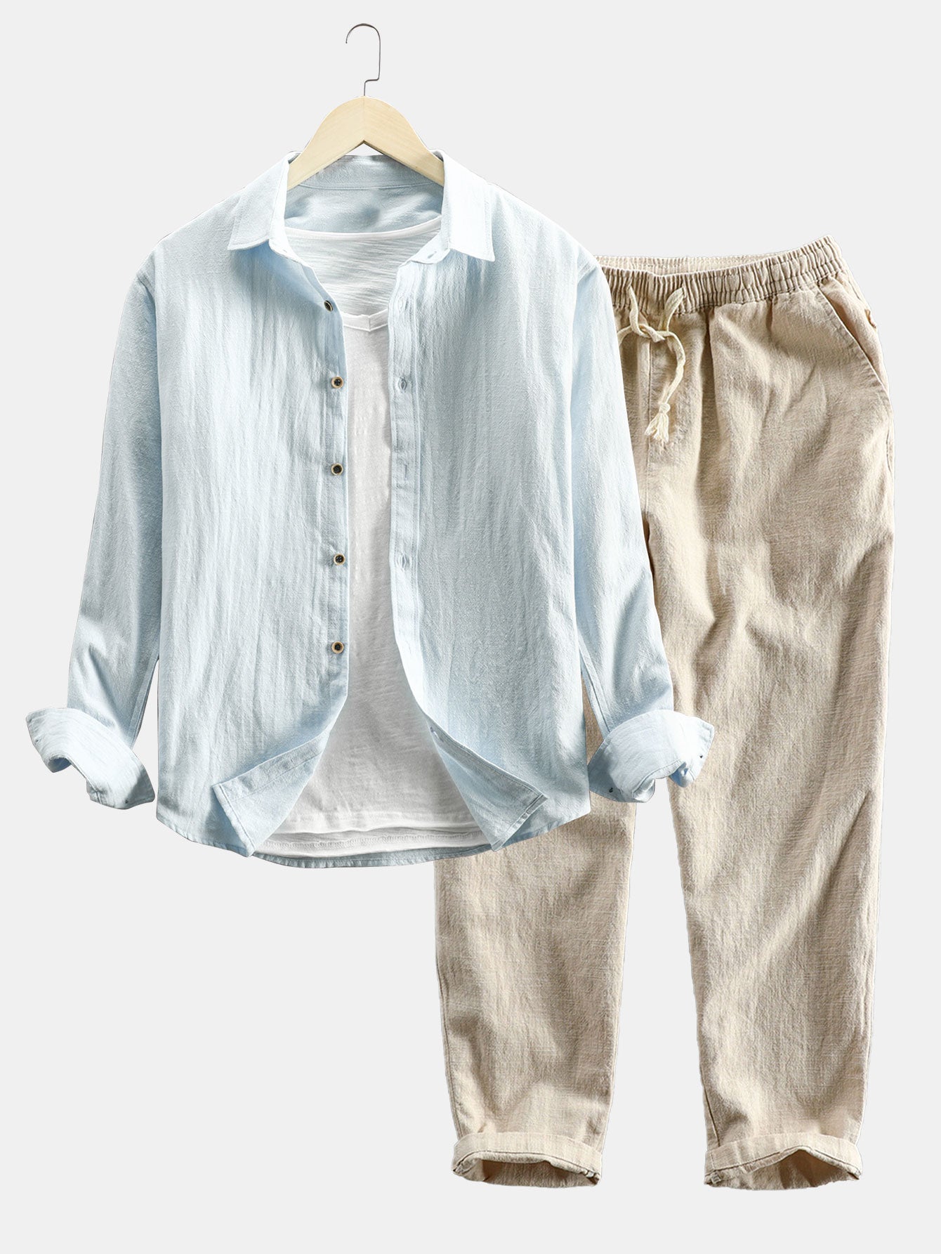 Shirt and Pants Set | Button-Up | Long Sleeve | Linen Two-Piece Set | Men's Co-Ord-Chaps of London-Light Blue-S-Chaps of London