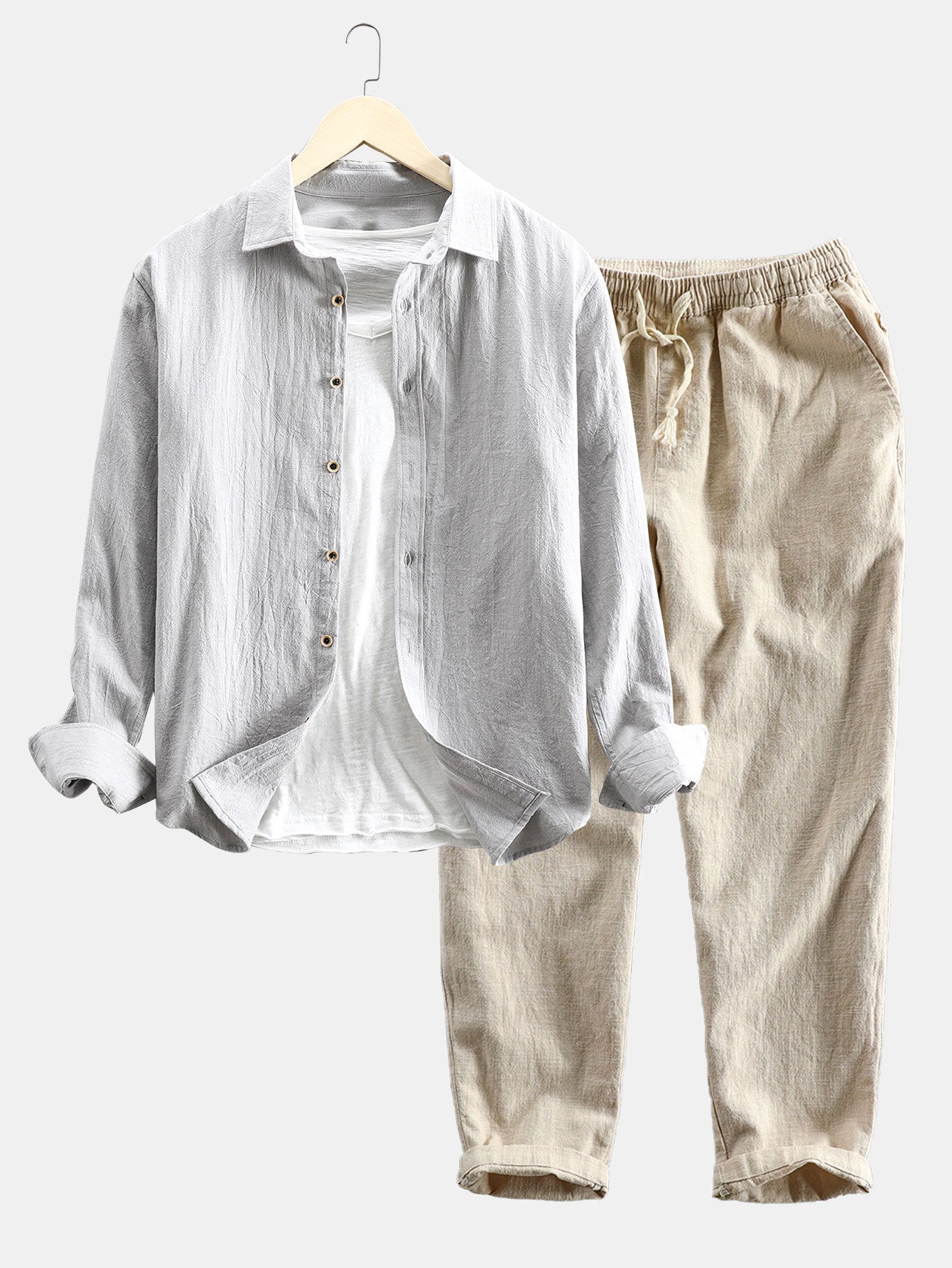 Shirt and Pants Set | Button-Up | Long Sleeve | Linen Two-Piece Set | Men's Co-Ord-Chaps of London-Silver-S-Chaps of London