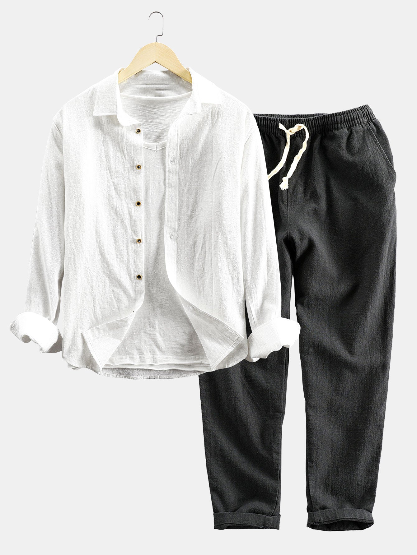 Shirt and Pants Set | Button-Up | Long Sleeve | Linen Two-Piece Set | Men's Co-Ord-Chaps of London-White-S-Chaps of London