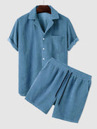 Shirt and Shorts Set | Corduroy | Short Sleeve | Two-Piece Set | Men's Co-Ord Set-Textured Polo Shirt and Short Set for Men-Chaps of London-Blue-S-Chaps of London