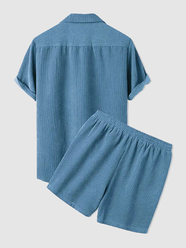 Shirt and Shorts Set | Corduroy | Short Sleeve | Two-Piece Set | Men's Co-Ord Set-Textured Polo Shirt and Short Set for Men-Chaps of London-Chaps of London