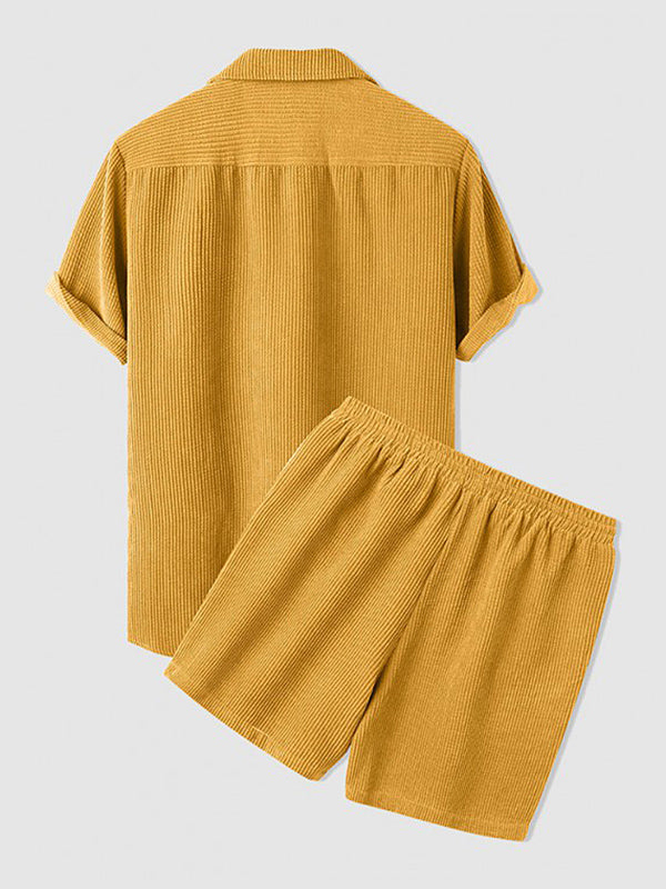 Shirt and Shorts Set | Corduroy | Short Sleeve | Two-Piece Set | Men's Co-Ord Set-Textured Polo Shirt and Short Set for Men-Chaps of London-Chaps of London