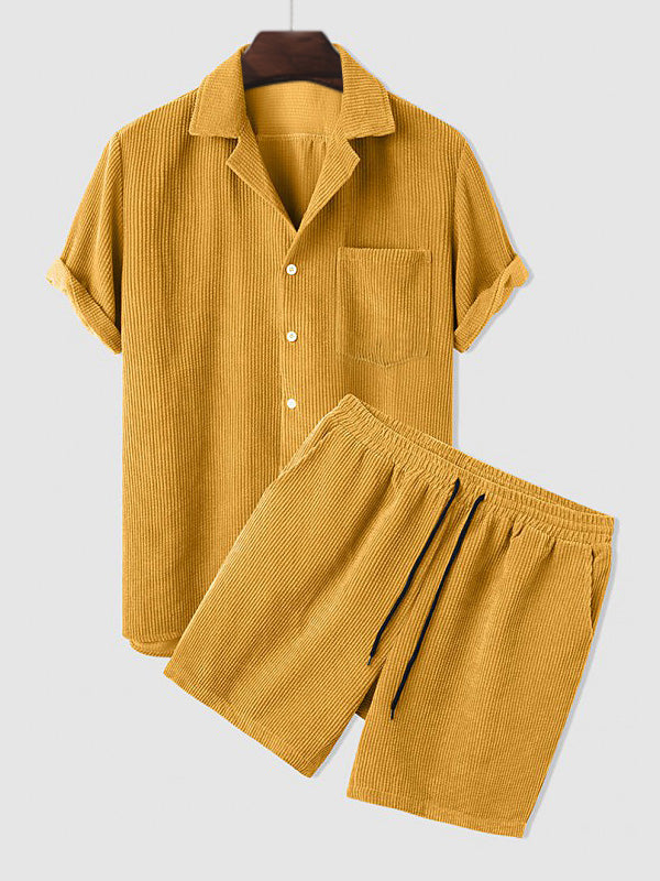Shirt and Shorts Set | Corduroy | Short Sleeve | Two-Piece Set | Men's Co-Ord Set-Textured Polo Shirt and Short Set for Men-Chaps of London-Chaps of London