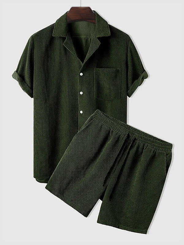 Shirt and Shorts Set | Corduroy | Short Sleeve | Two-Piece Set | Men's Co-Ord Set-Textured Polo Shirt and Short Set for Men-Chaps of London-Green-S-Chaps of London