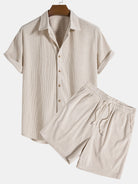 Shirt and Shorts Set - Men's Short Sleeve Button-Up Two-Piece Set-Two piece set-Chaps of London-Beige-S-Chaps of London