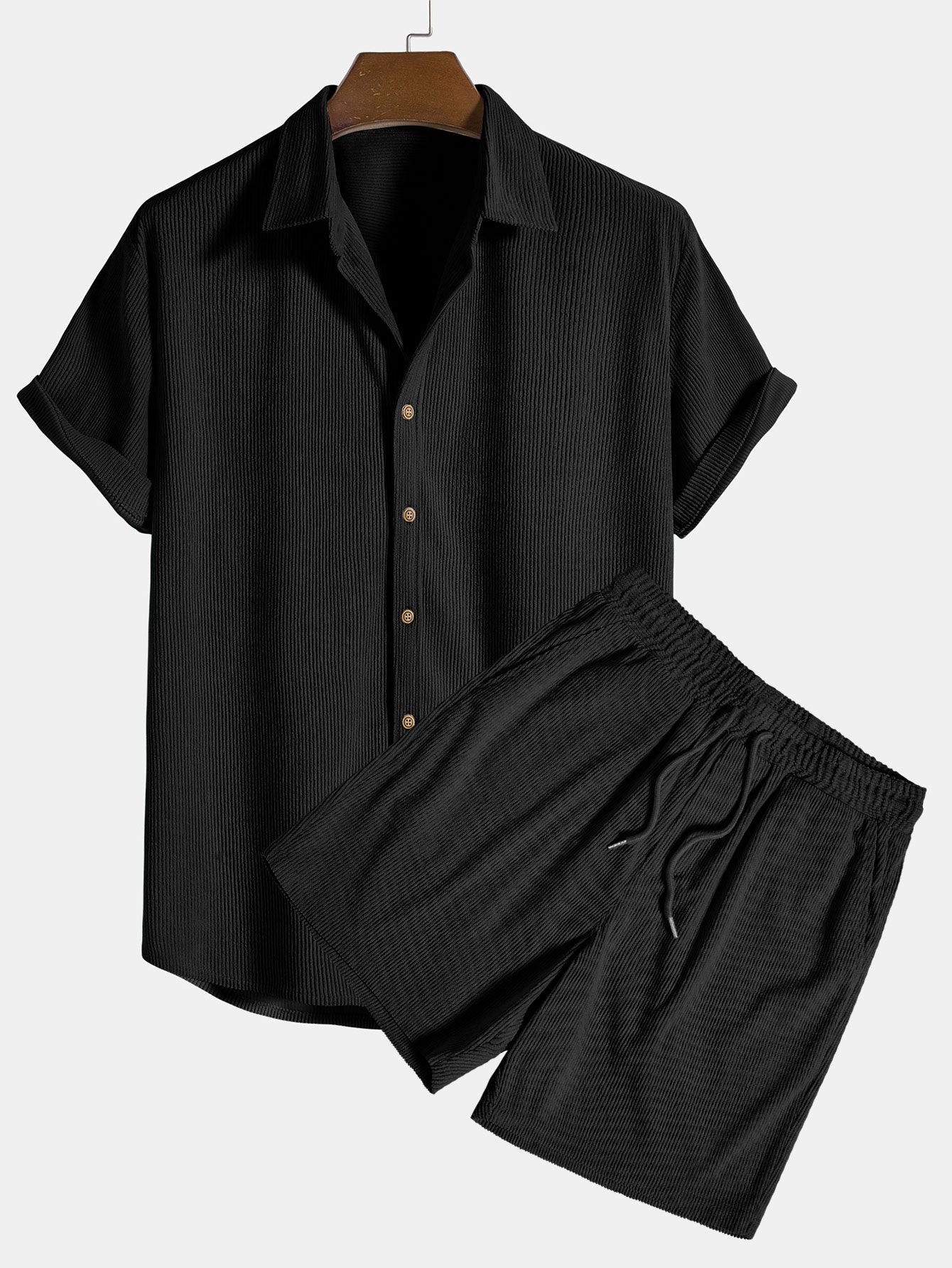 Shirt and Shorts Set - Men's Short Sleeve Button-Up Two-Piece Set-Two piece set-Chaps of London-Black-S-Chaps of London