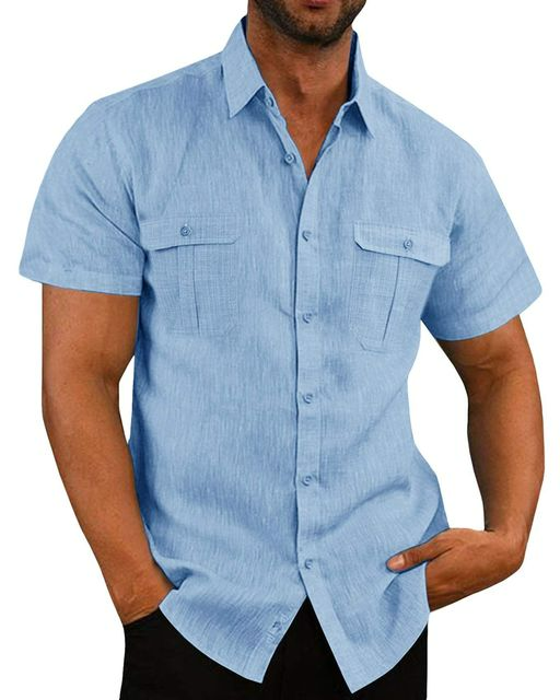 Short Sleeve Shirt - Button-Up - Breast Pockets - Polo Shirt - Men's Shirts-Chaps of London-Blue-M-Chaps of London