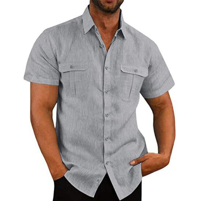 Short Sleeve Shirt - Button-Up - Breast Pockets - Polo Shirt - Men's Shirts-Chaps of London-Gray-M-Chaps of London