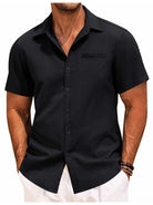 Short Sleeve Shirt - Men's Lightweight Collared Button-Up Shirt-Men Shirts-Chaps of London-Black-M-Chaps of London