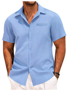Short Sleeve Shirt - Men's Lightweight Collared Button-Up Shirt-Men Shirts-Chaps of London-Light Blue-M-Chaps of London