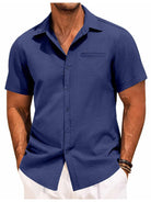 Short Sleeve Shirt - Men's Lightweight Collared Button-Up Shirt-Men Shirts-Chaps of London-Navy Blue-M-Chaps of London