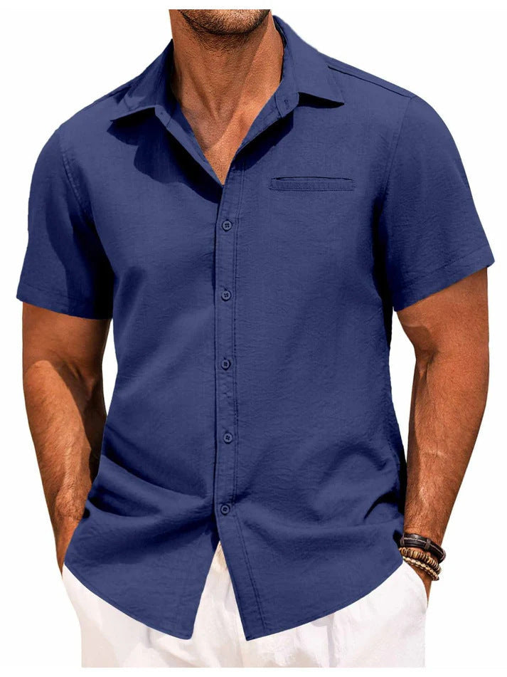 Short Sleeve Shirt - Men's Lightweight Collared Button-Up Shirt-Men Shirts-Chaps of London-Navy Blue-M-Chaps of London