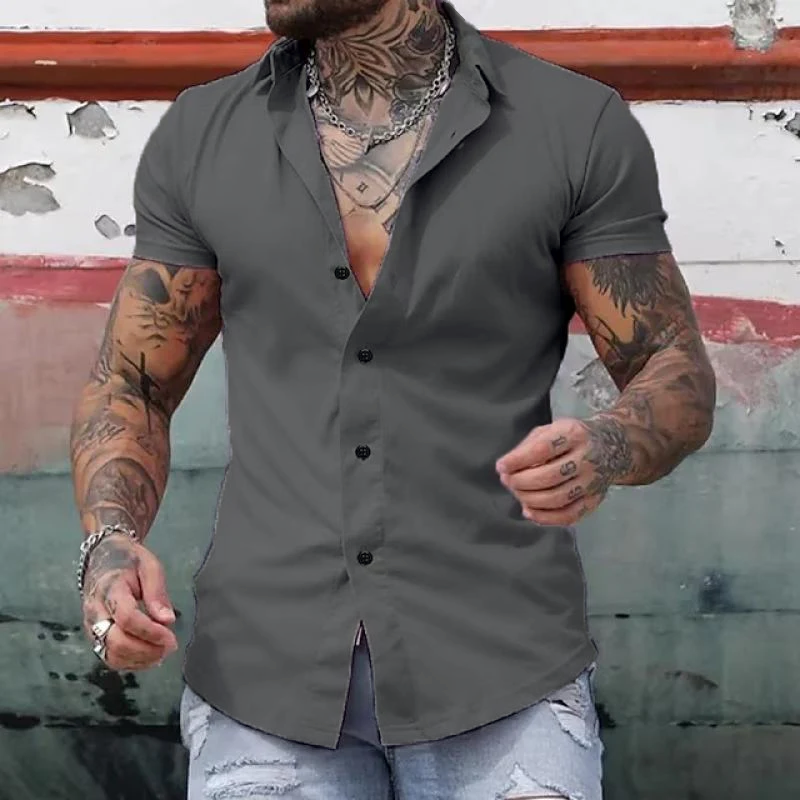Short Sleeve Shirt - Men's Slim Fit Button-Up Collared Shirt-Chaps of London-Gray-S-Chaps of London