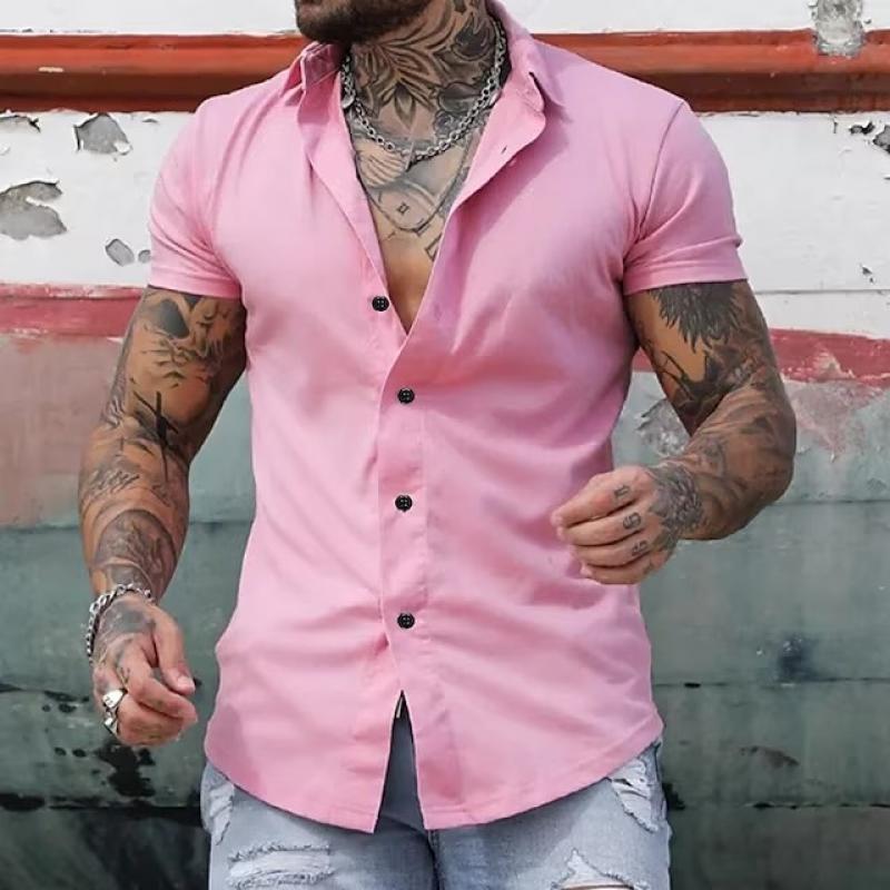 Short Sleeve Shirt - Men's Slim Fit Button-Up Collared Shirt-Chaps of London-Pink-S-Chaps of London