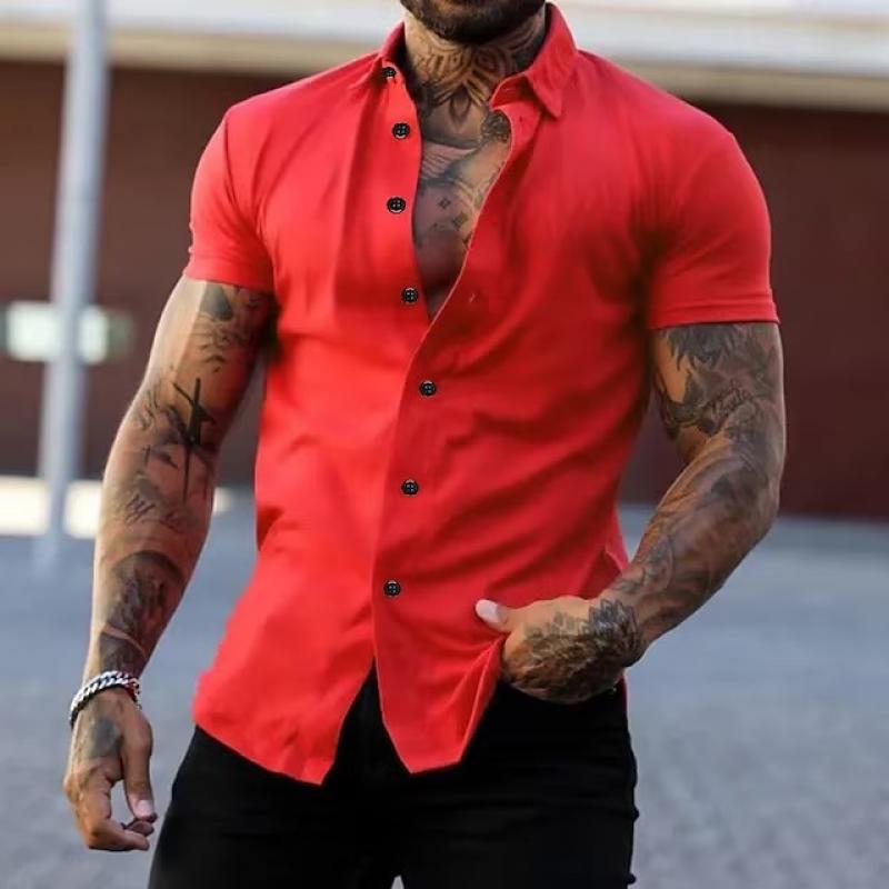 Short Sleeve Shirt - Men's Slim Fit Button-Up Collared Shirt-Chaps of London-Red-S-Chaps of London