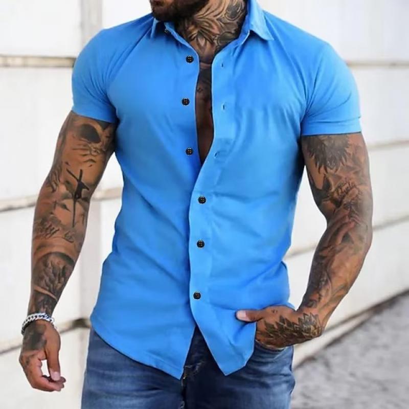 Short Sleeve Shirt - Men's Slim Fit Button-Up Collared Shirt-Chaps of London-Royal Blue-S-Chaps of London