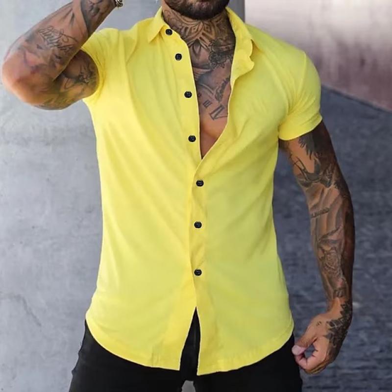 Short Sleeve Shirt - Men's Slim Fit Button-Up Collared Shirt-Chaps of London-Yellow-S-Chaps of London