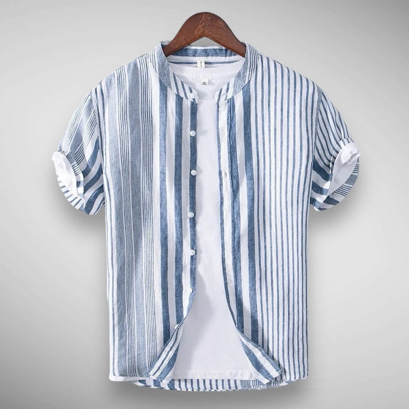 Short Sleeve Shirt | Striped | Linen | Button-Up Shirt | Men's Shirts-Chaps of London-Blue-XS-Chaps of London