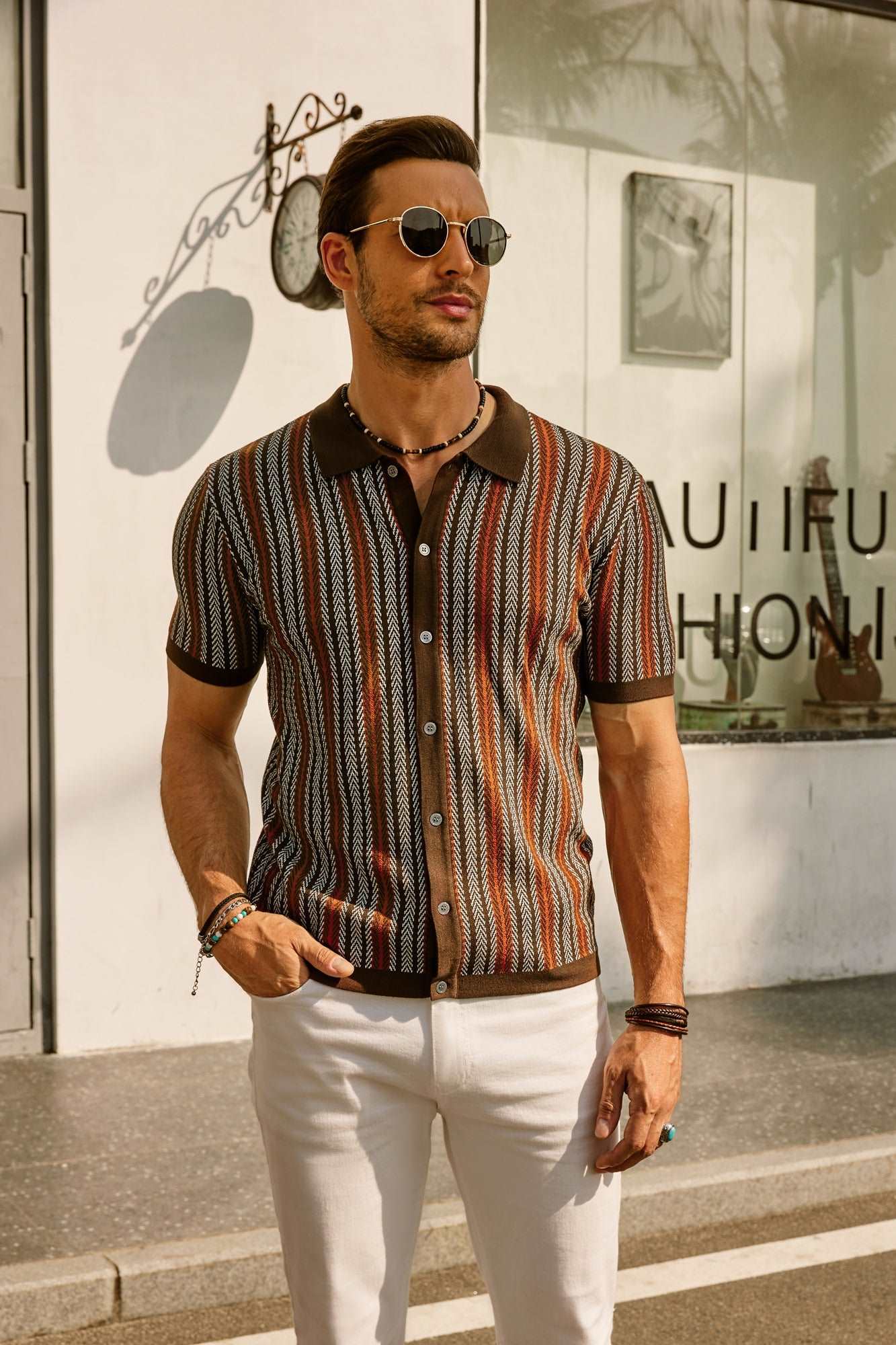 Short Sleeve Shirt | Vintage | Striped | Collared Shirt | Men's Shirts-Chaps of London-Brown-S-Chaps of London