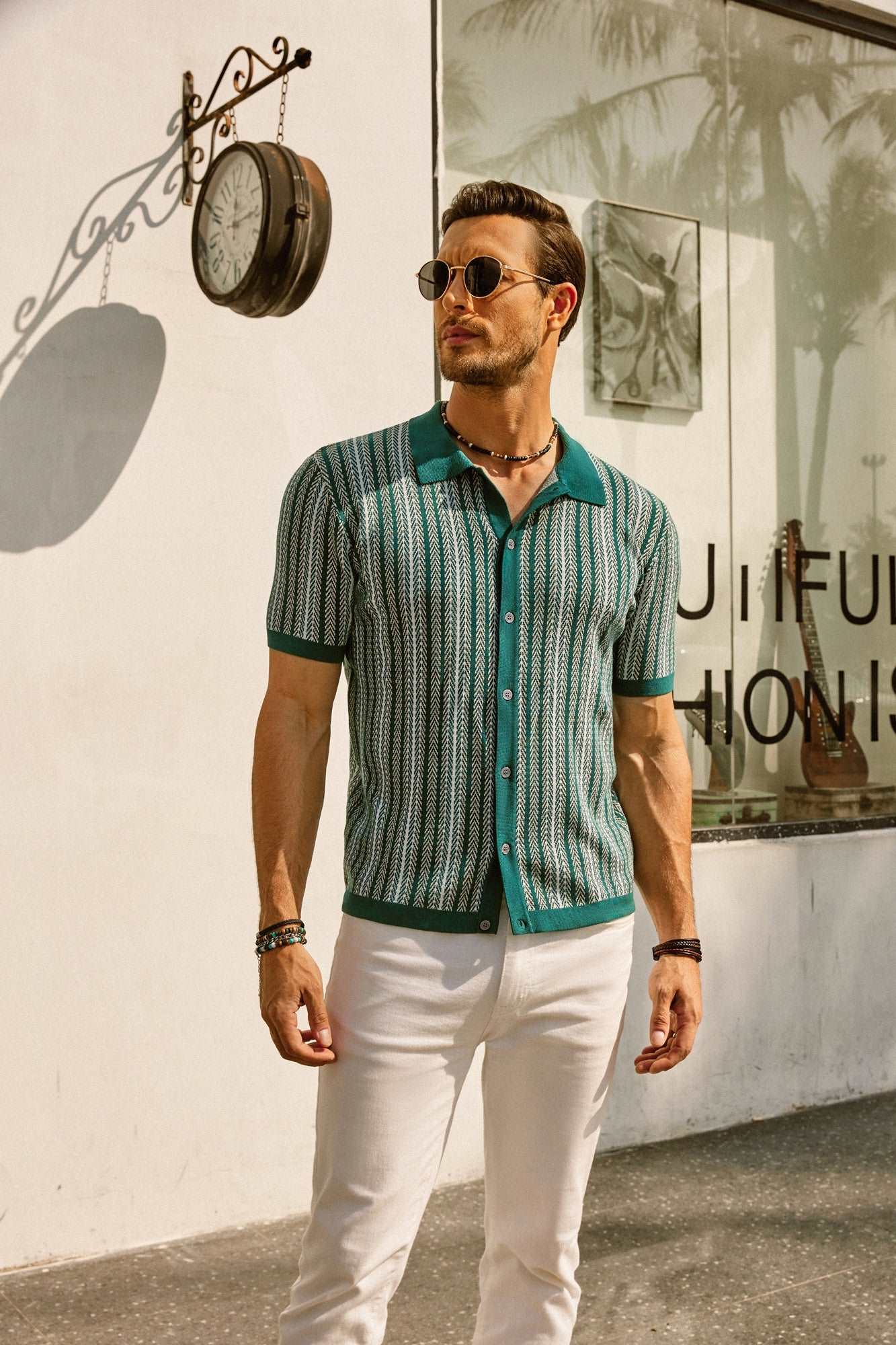 Short Sleeve Shirt | Vintage | Striped | Collared Shirt | Men's Shirts-Chaps of London-Green-S-Chaps of London