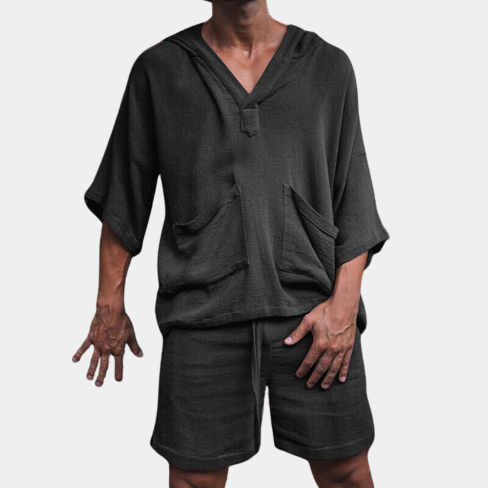 Shorts and Hoodie Set - Loose Fit - Boho - Two-Piece Set - Men's Clothing-Men Summer Set-Chaps of London-Black-S-Chaps of London