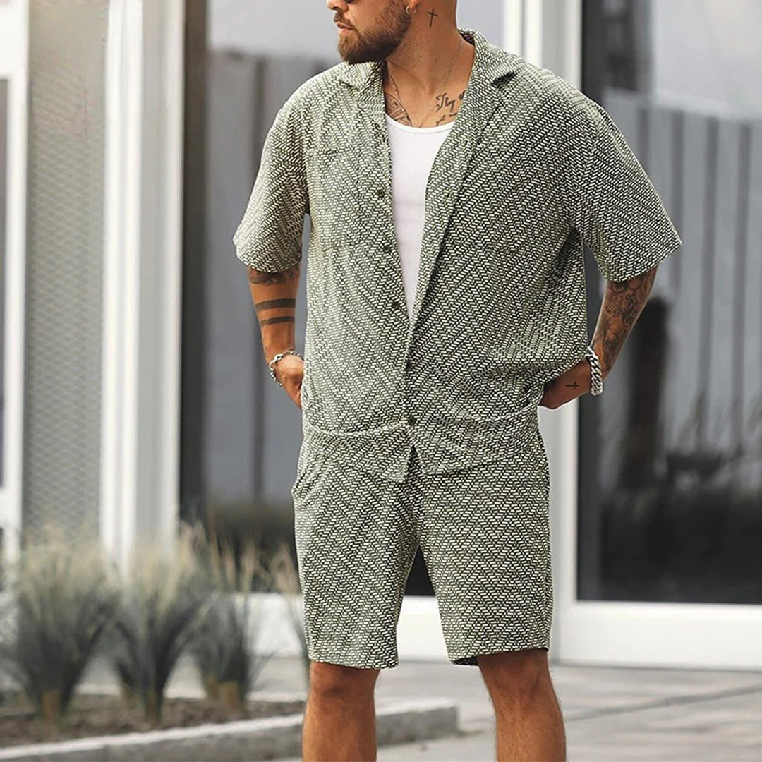 Shorts and Shirt Set | Button-Up | Short Sleeve | Two-Piece Set | Men's Summer Clothes-Men Summer Set-Chaps of London-Gray-green-S-Chaps of London
