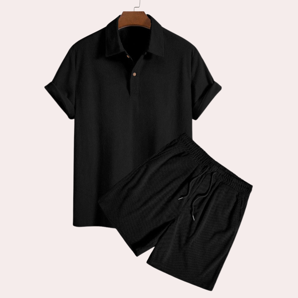 Shorts and Shirt Set - Corduroy - Polo T-Shirt - Two-Piece Set - Men's Summer Set-Fashion Men Set All-year-Chaps of London-Black-S-Chaps of London