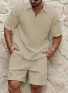 Shorts and Shirt Set - Men's Short Sleeve Polo Two-Piece Set for Summer-Men Set-Chaps of London-Beige-S-Chaps of London