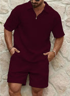 Shorts and Shirt Set - Men's Short Sleeve Polo Two-Piece Set for Summer-Men Set-Chaps of London-Red-S-Chaps of London