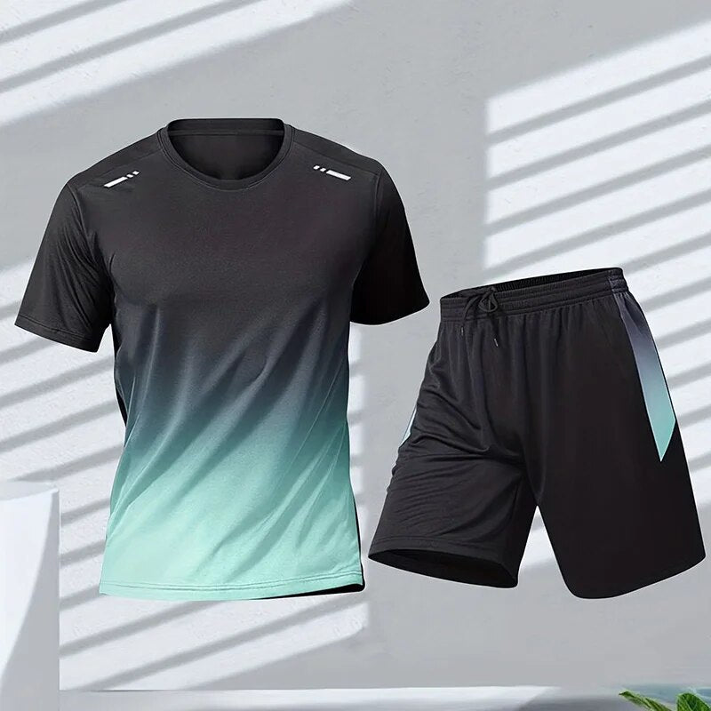 Shorts and T-Shirt Set - Quick Dry - Workout - Activewear Set - Men's Sportswear-Outfit Set-Chaps of London-Blue Green-S-Chaps of London