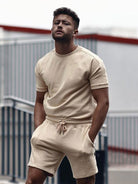 Shorts and T-shirt Set - Men's Round Neck Sweat Shorts Two-Piece Summer Sets-Kledingset man zomer-Chaps of London-Beige-S-Chaps of London