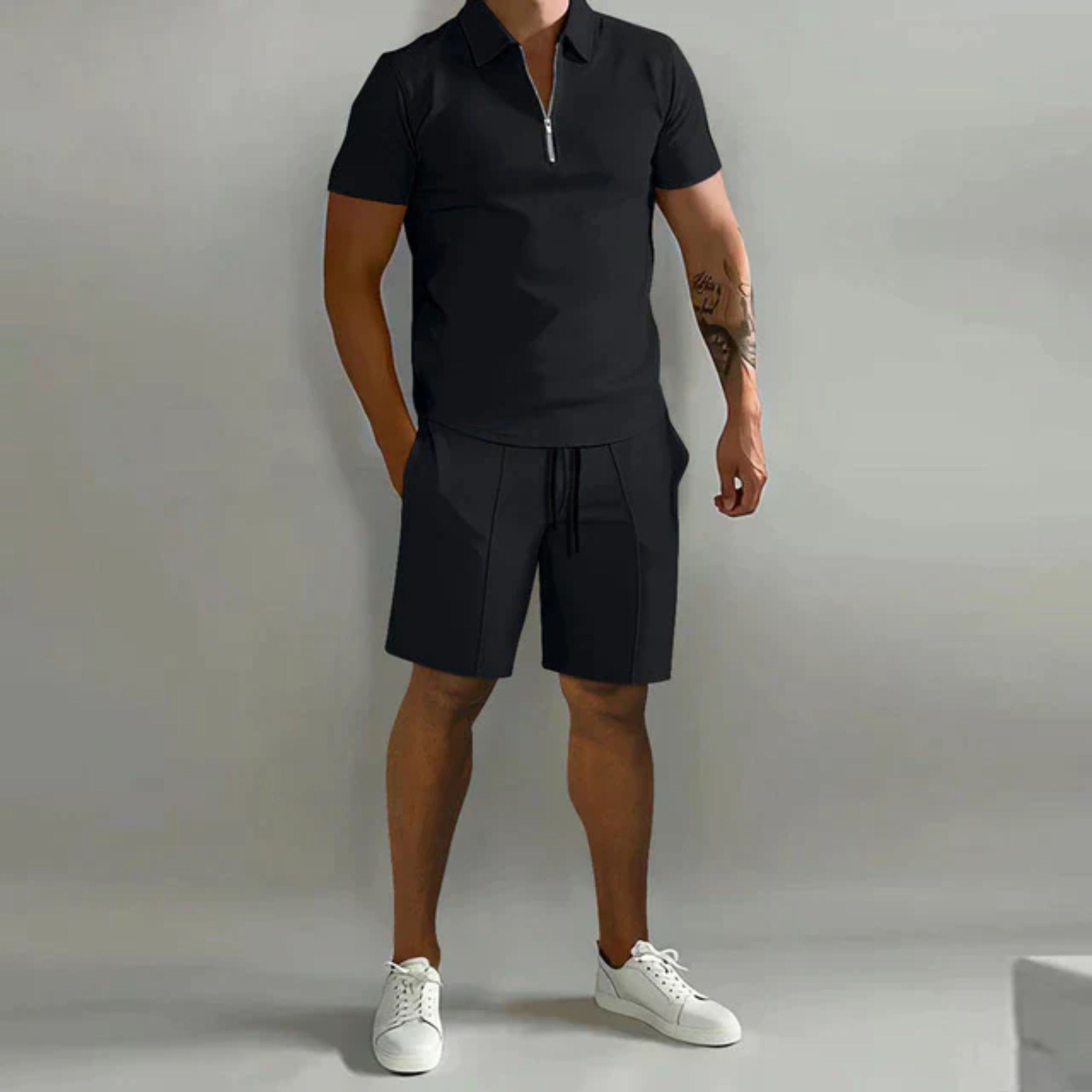 Shorts and Tshirt Set | Quarter Zip | Polo Shirt | Two-Piece Set | Men's Summer Clothes-Men Set-Chaps of London-Black-S-Chaps of London