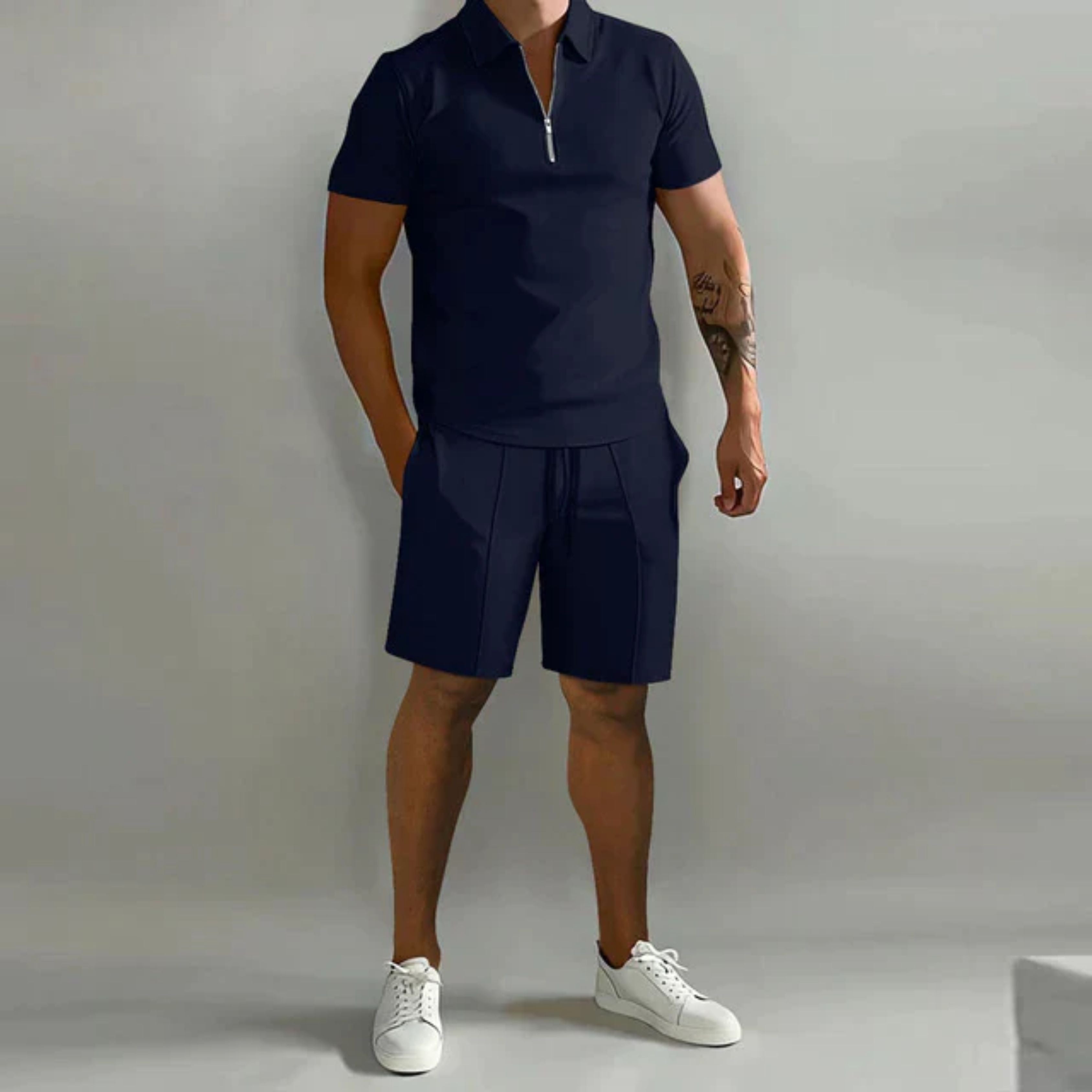 Shorts and Tshirt Set | Quarter Zip | Polo Shirt | Two-Piece Set | Men's Summer Clothes-Men Set-Chaps of London-Dark Blue-S-Chaps of London