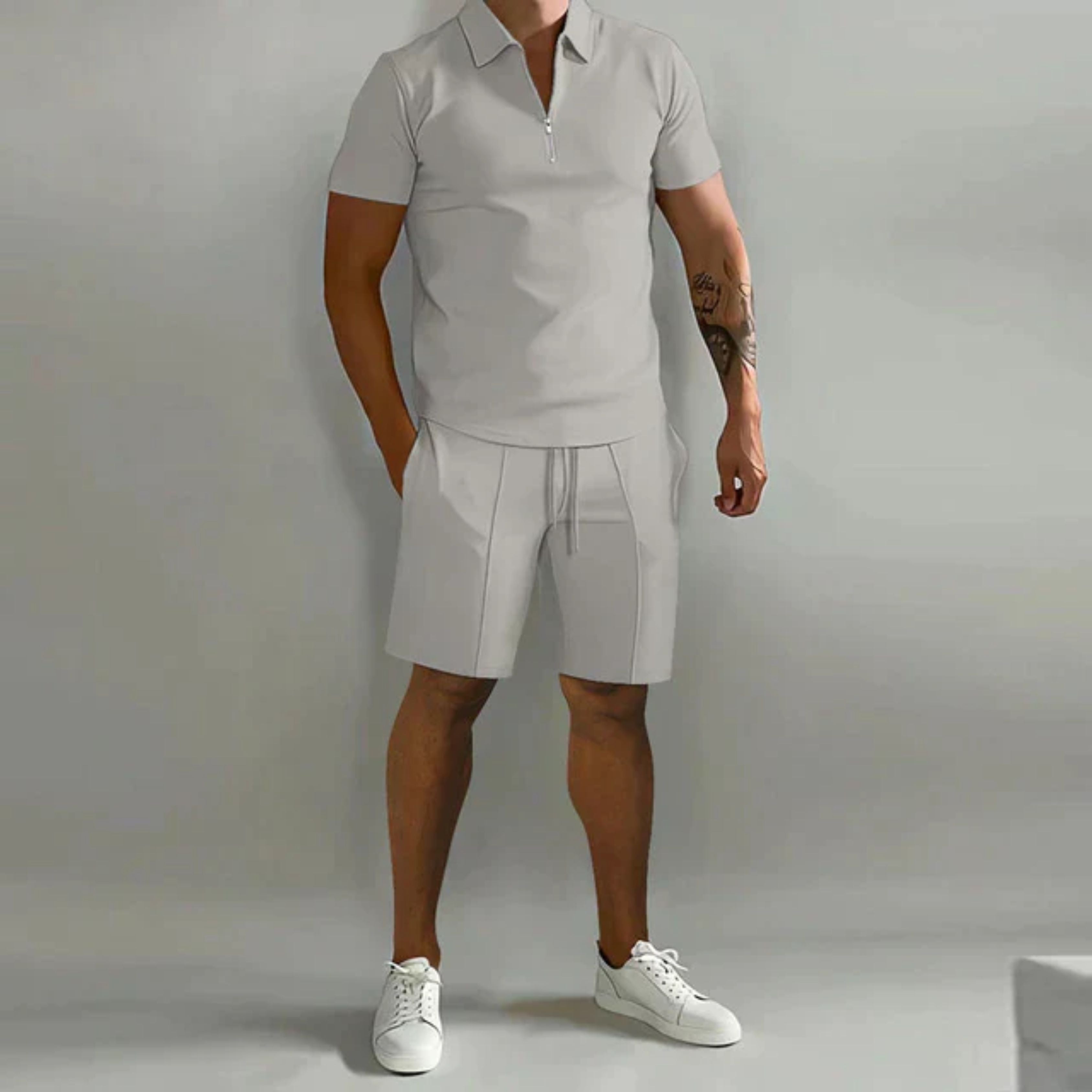 Shorts and Tshirt Set | Quarter Zip | Polo Shirt | Two-Piece Set | Men's Summer Clothes-Men Set-Chaps of London-Gray-S-Chaps of London